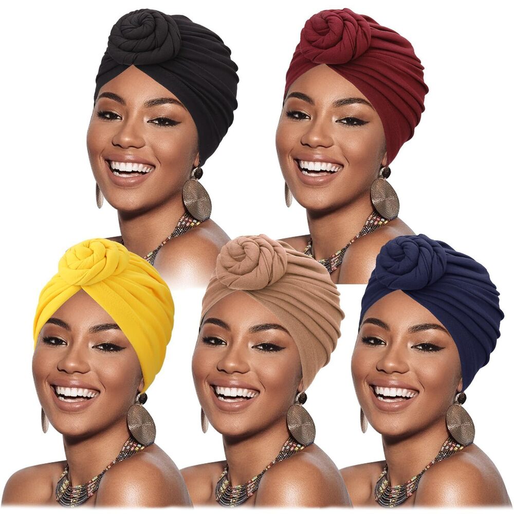 7732 5 Pack Knotted Headwraps African Turban Pre-Knotted Beanie Headwraps